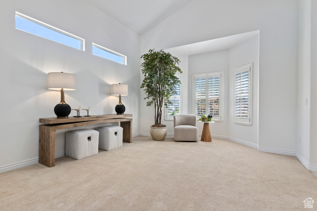 Sitting room with carpet floors, plenty of natural light, and high vaulted ceiling