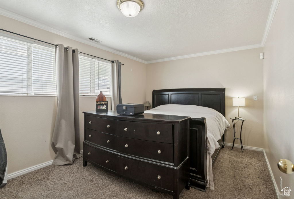 Carpeted bedroom with ornamental molding and baseboards