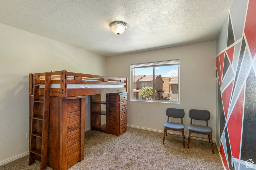 Carpeted bedroom featuring a textured ceiling