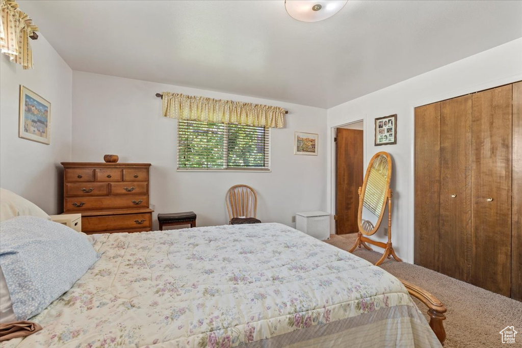 Carpeted bedroom with a closet