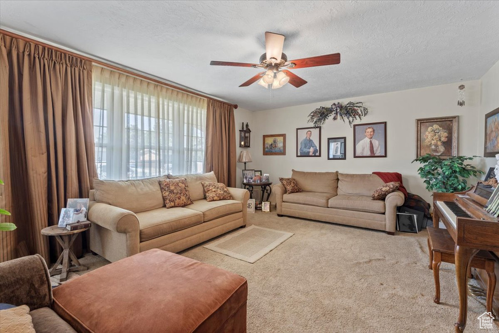 Carpeted living room featuring ceiling fan and a textured ceiling