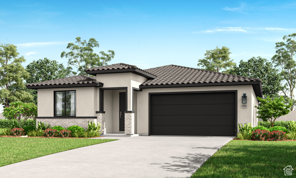 Mediterranean / spanish-style home with stucco siding, a garage, driveway, and a tiled roof
