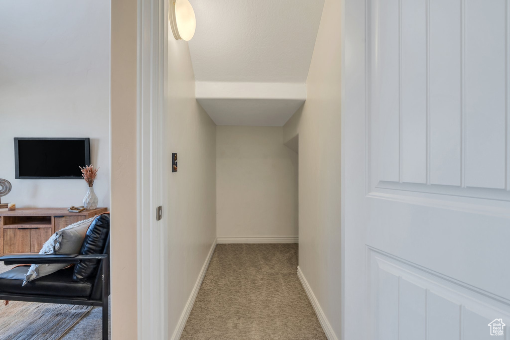 Corridor with carpet and baseboards