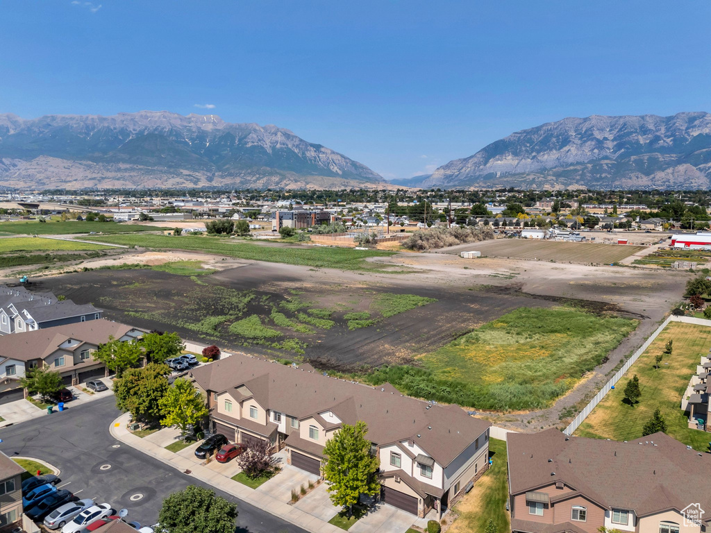 Aerial view of residential area with mountains