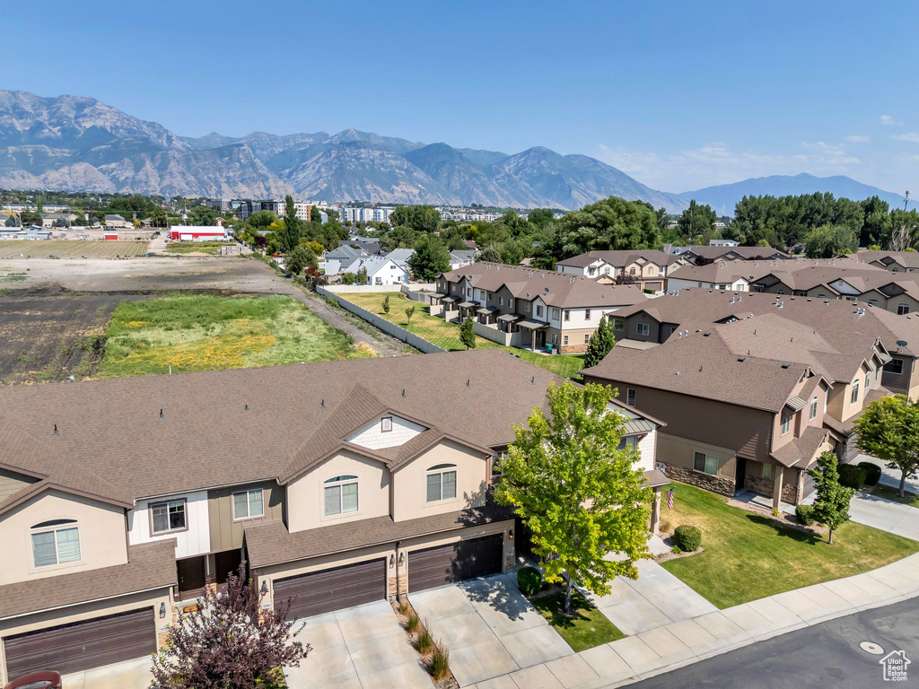 Aerial view of residential area with mountains