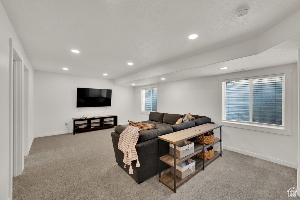Carpeted living area with recessed lighting and baseboards