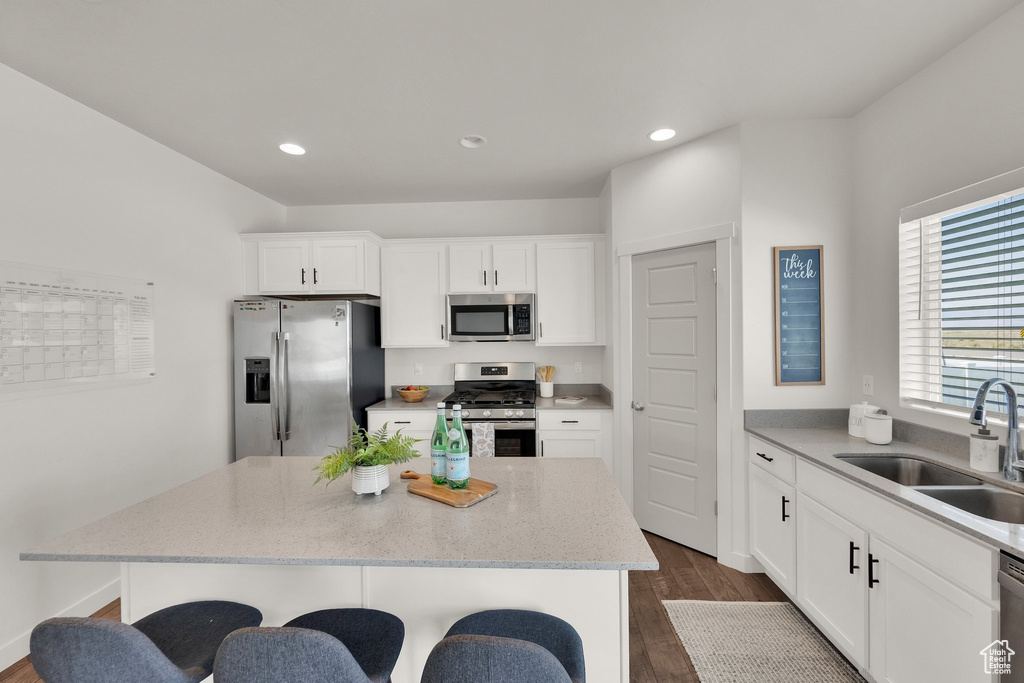 Kitchen with stainless steel appliances, dark wood finished floors, a kitchen breakfast bar, a kitchen island, and light stone counters
