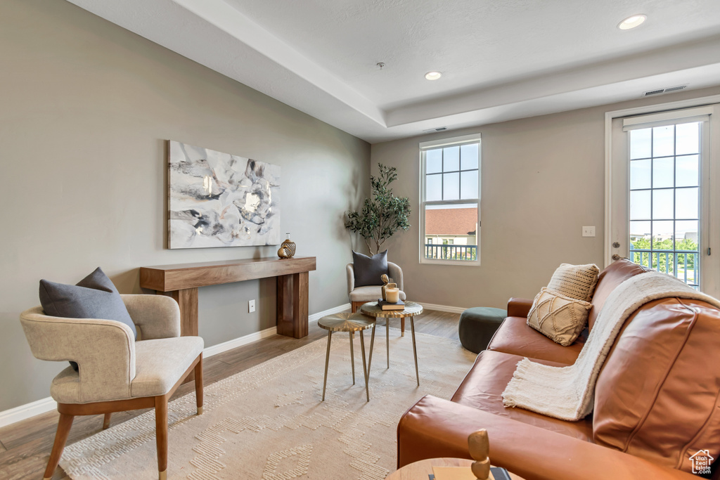 Living room featuring wood finished floors, recessed lighting, and a tray ceiling