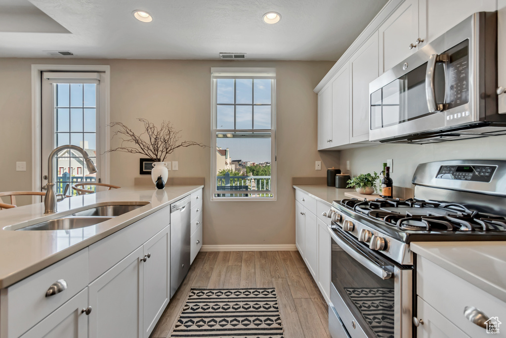 Kitchen with appliances with stainless steel finishes, light wood-type flooring, recessed lighting, plenty of natural light, and light countertops