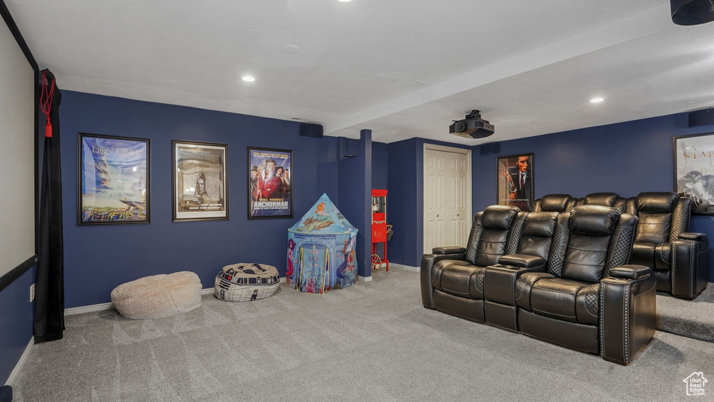 Home theater room with carpet flooring and recessed lighting