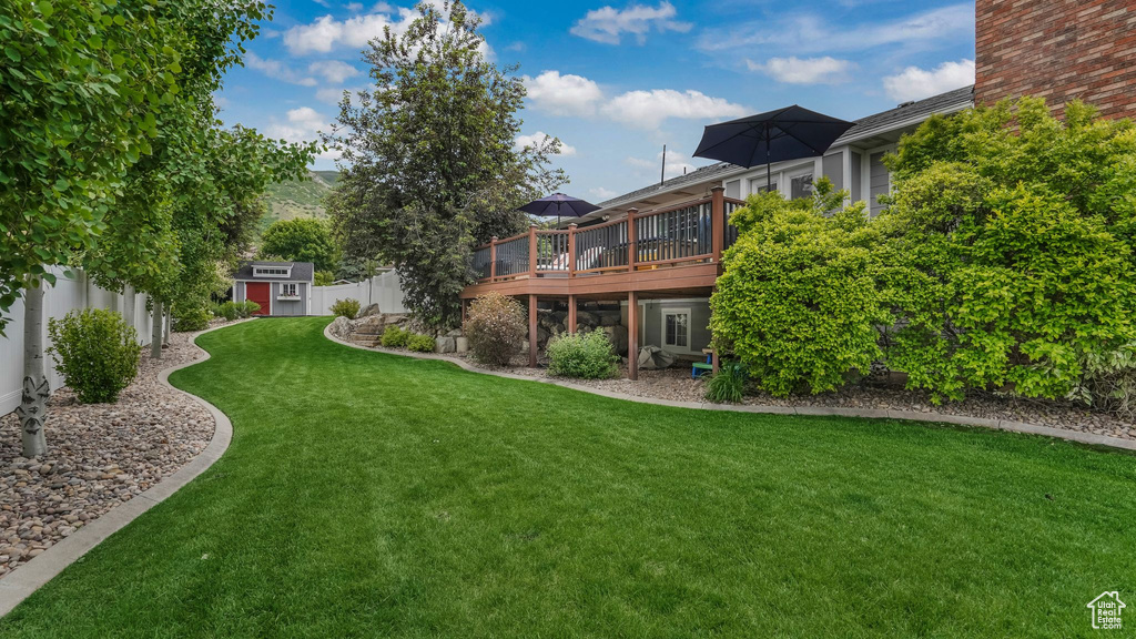 Fenced backyard with a deck and a storage unit