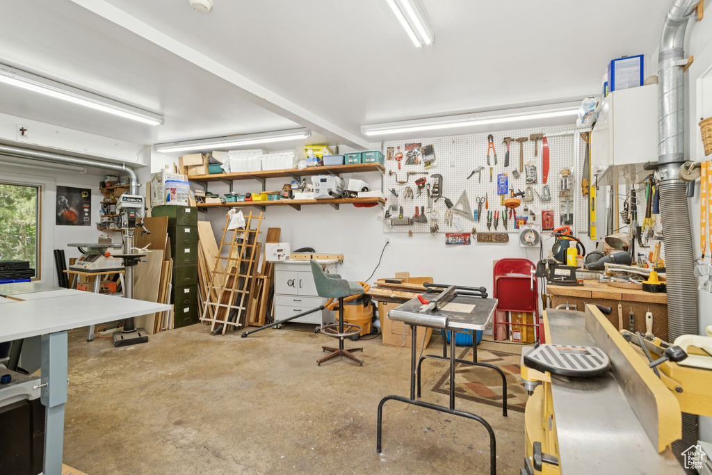 Garage with a workshop area