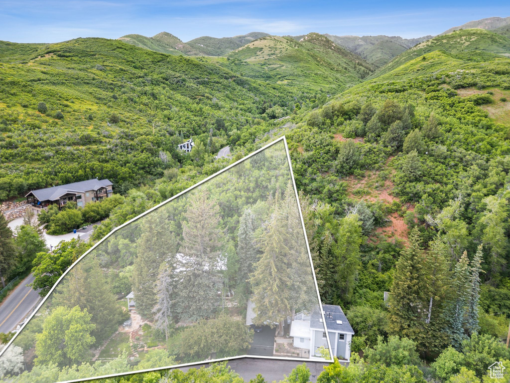 View from above of property featuring property boundaries highlighted and a forest