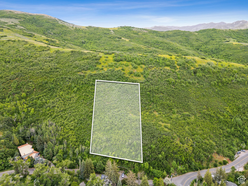 Aerial view of property and surrounding area with property boundaries highlighted and a mountainous background