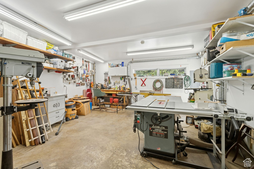 Garage with a workshop area