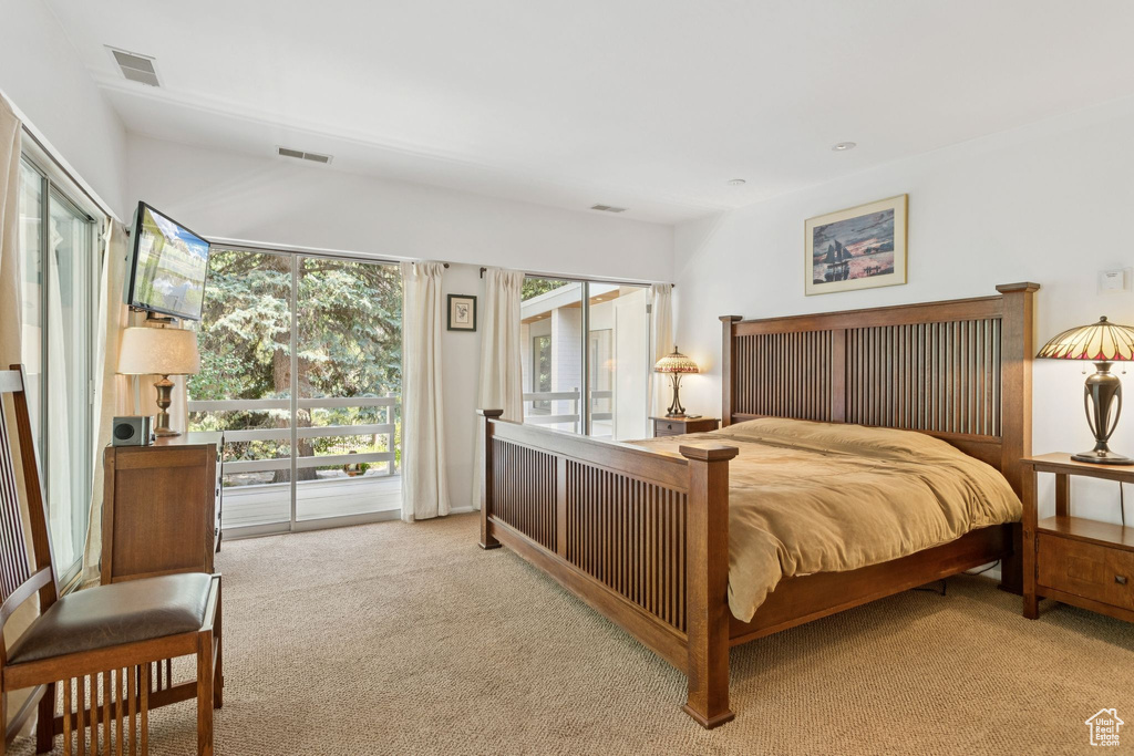 Carpeted bedroom with access to outside