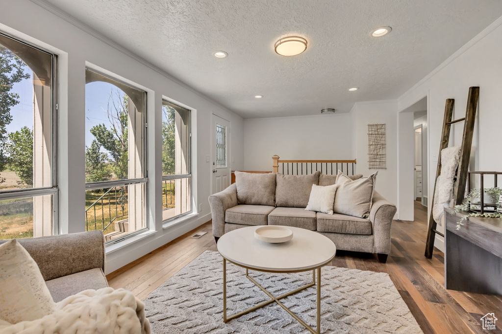Living area featuring hardwood / wood-style floors, a textured ceiling, recessed lighting, and crown molding