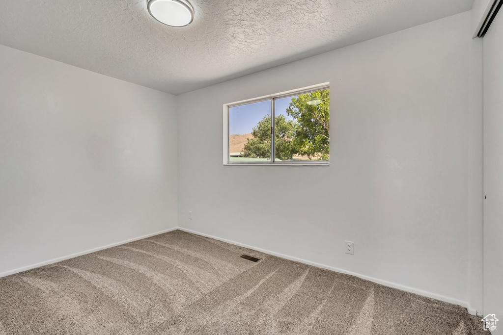 Carpeted empty room featuring a textured ceiling and baseboards