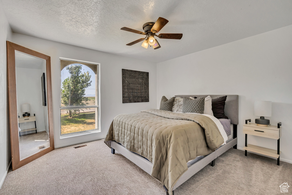 Bedroom featuring carpet, a ceiling fan, and a textured ceiling