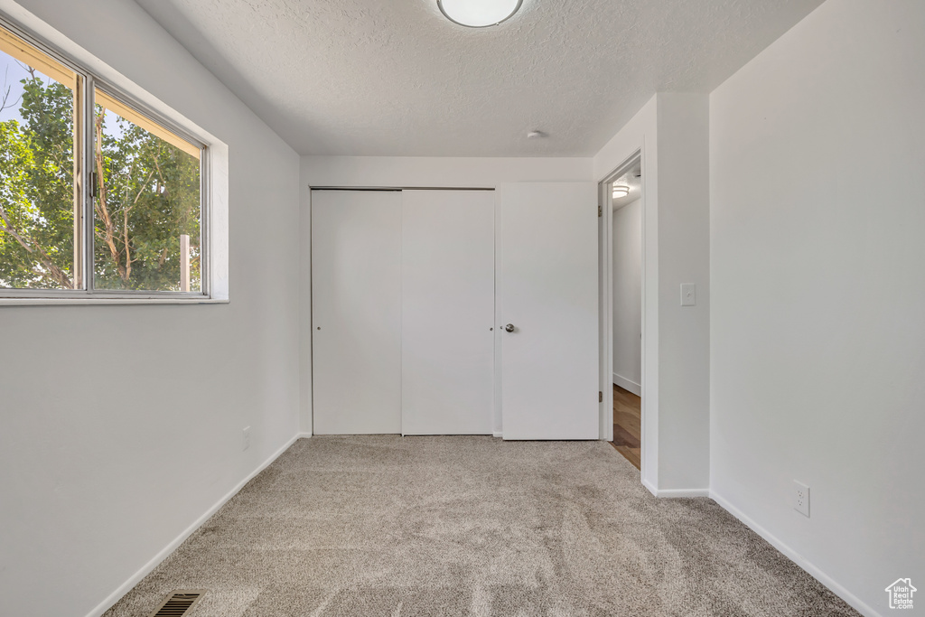 Unfurnished bedroom featuring a textured ceiling, multiple windows, carpet flooring, and a closet
