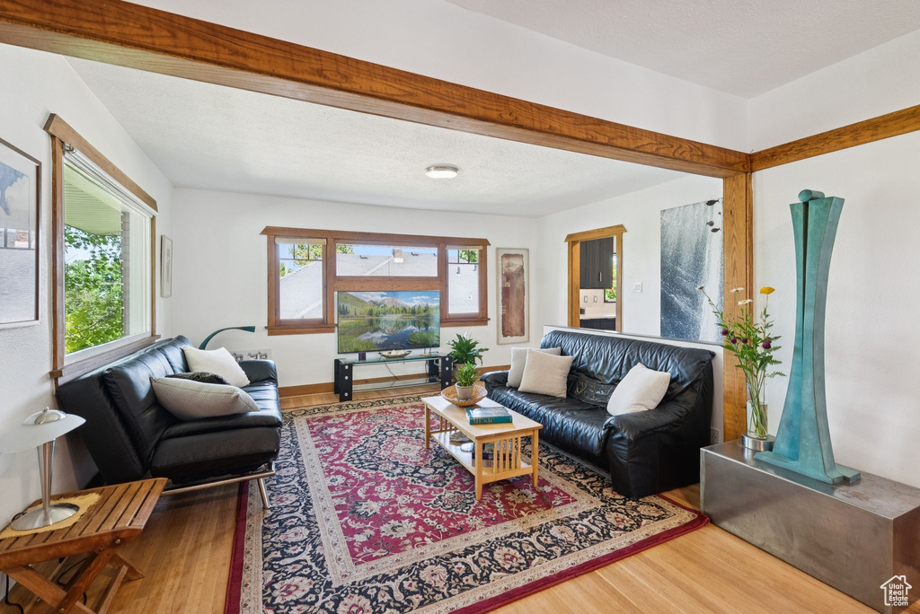 Living area with wood finished floors