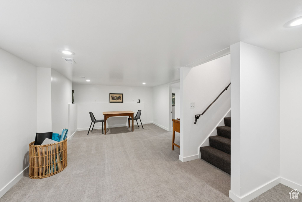 Rec room featuring carpet floors and recessed lighting