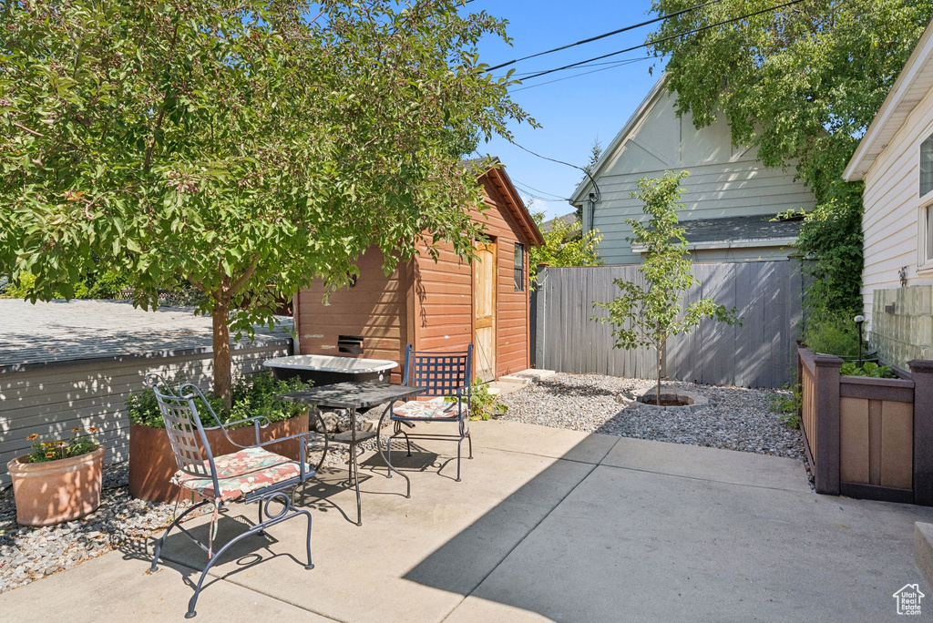 View of patio / terrace featuring an outbuilding