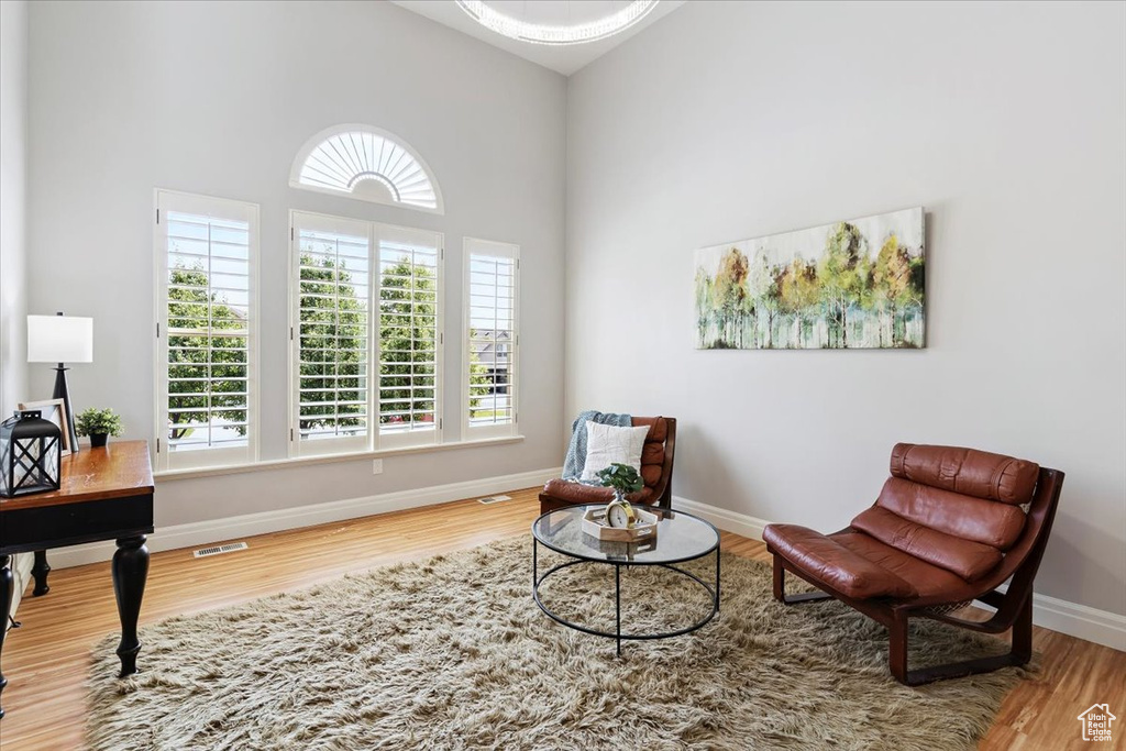 Living area featuring high vaulted ceiling and wood finished floors
