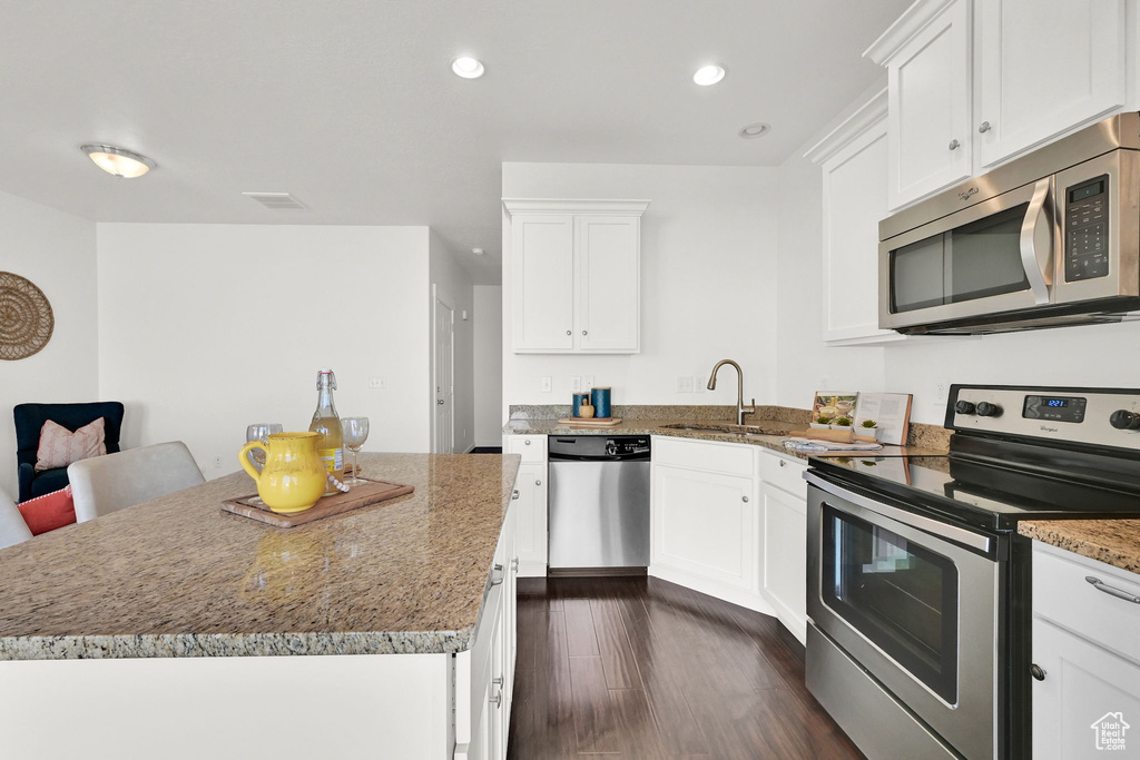 Kitchen with stainless steel appliances, a center island, white cabinets, recessed lighting, and dark wood finished floors