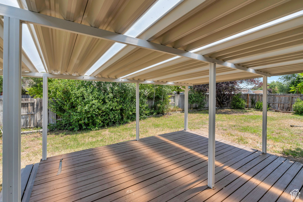 Wooden deck featuring a fenced backyard