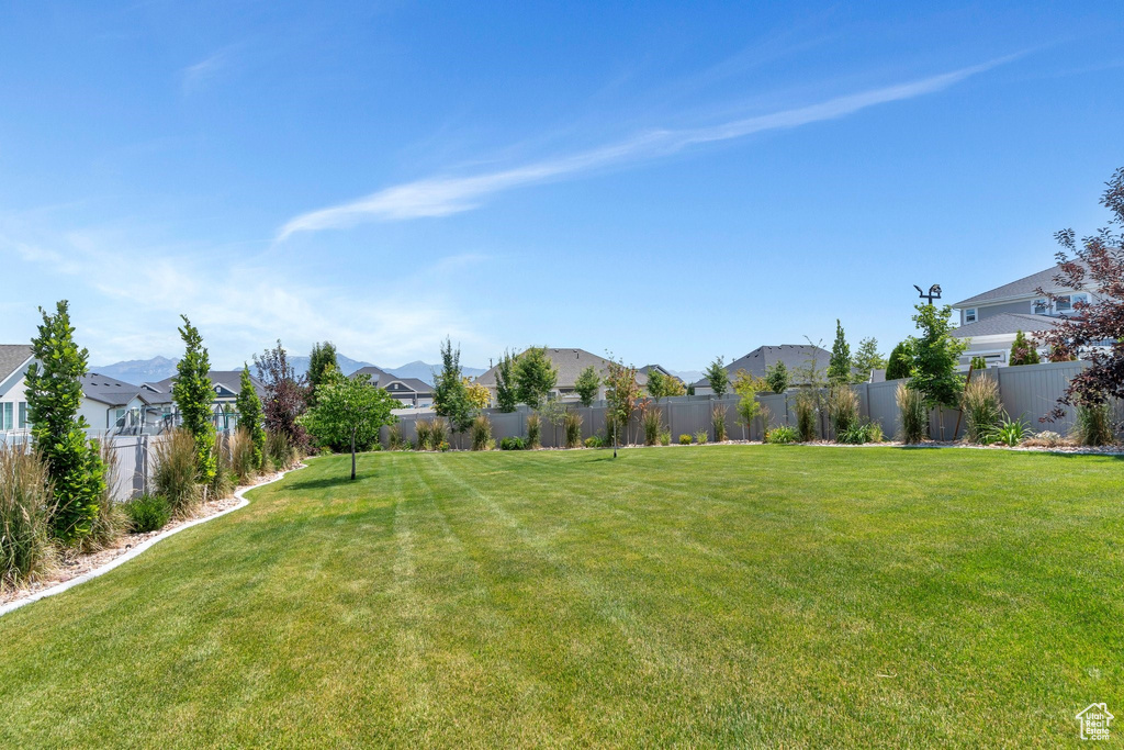 Fenced backyard with a residential view