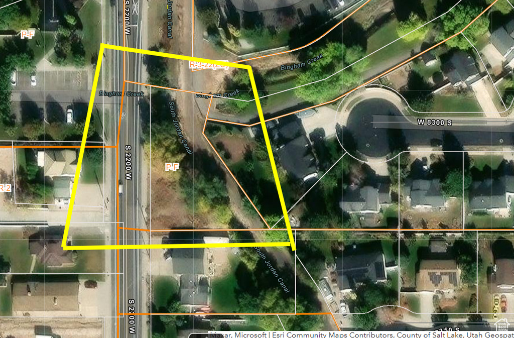 Aerial map of property and surrounding area with property parcel outlined