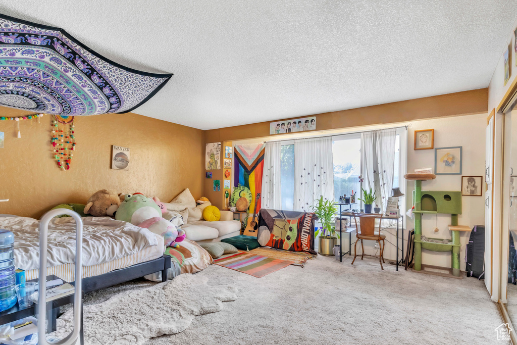 Carpeted bedroom featuring a textured ceiling