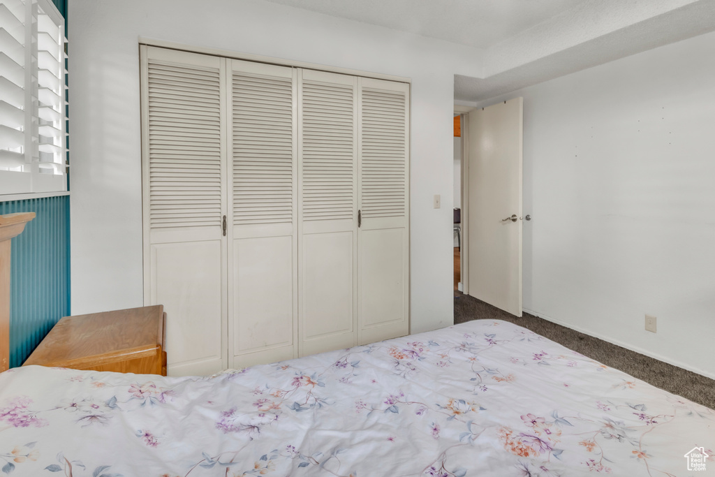 Carpeted bedroom featuring a closet