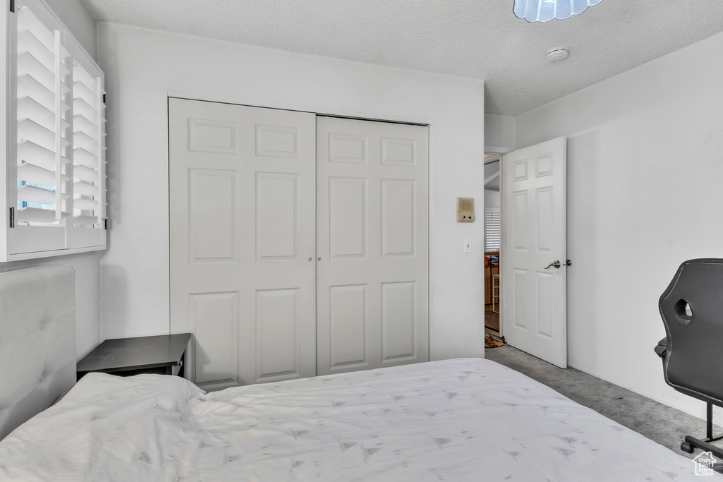 Bedroom featuring carpet flooring and a closet