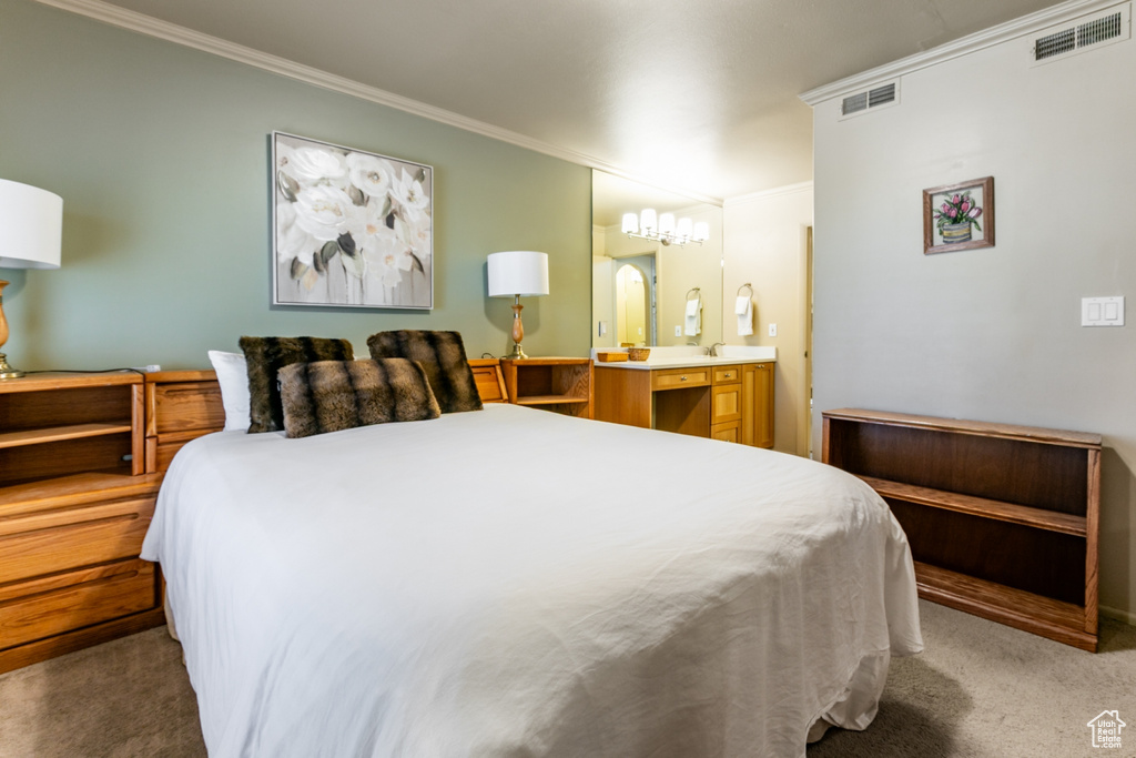 Carpeted bedroom featuring ornamental molding and connected bathroom