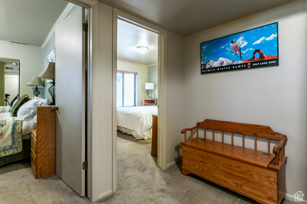 Corridor with light colored carpet and crown molding