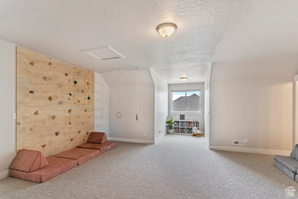 Bonus room featuring attic access, carpet flooring, and a textured ceiling