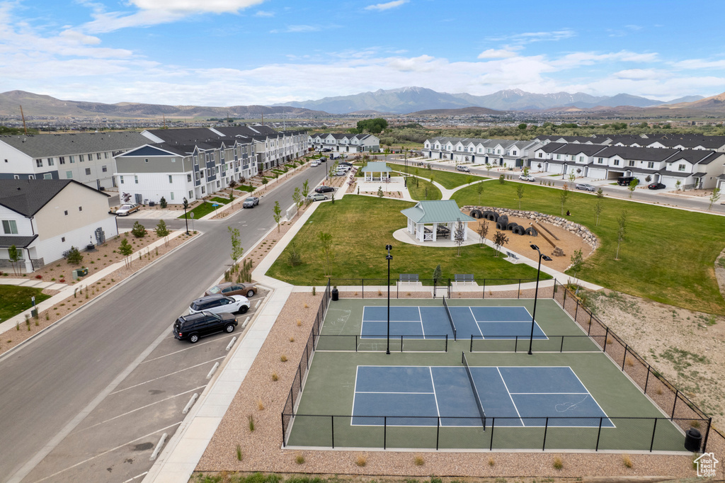 Aerial perspective of suburban area featuring mountains