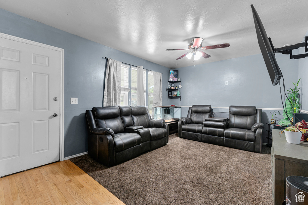 Living area featuring a ceiling fan and wood finished floors