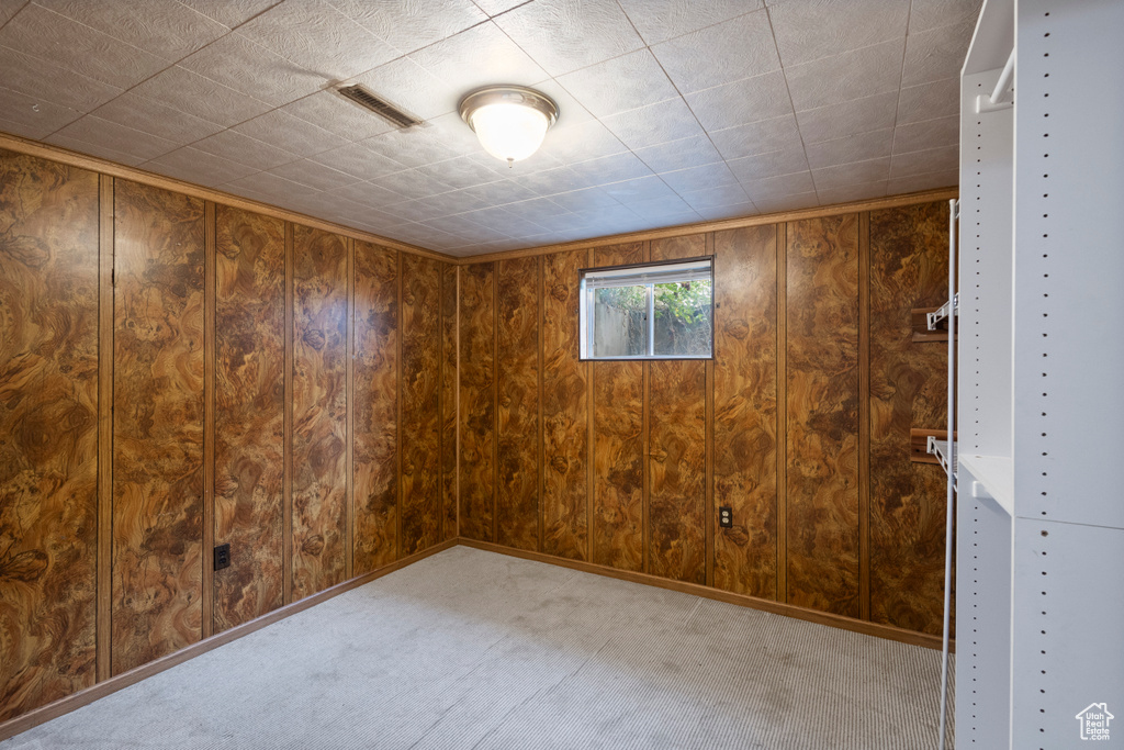 Carpeted spare room with wood walls