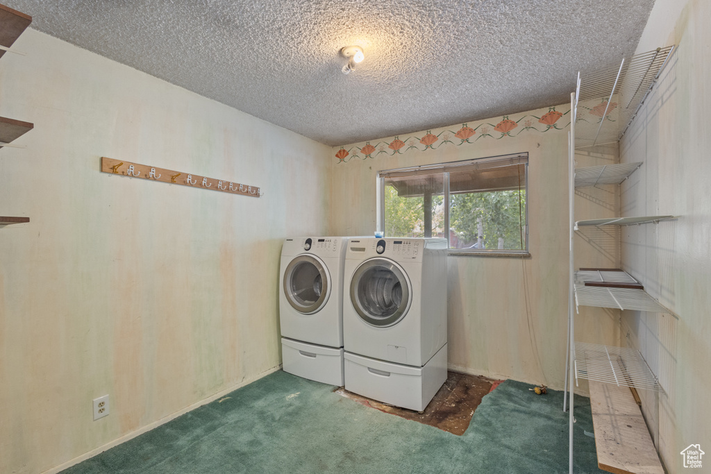 Laundry room featuring washer and dryer, a textured ceiling, and carpet