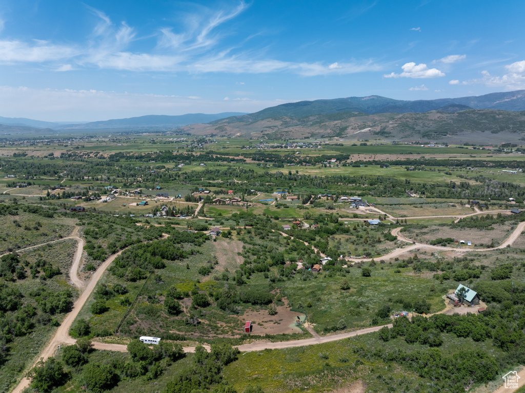 Aerial view of sparsely populated area featuring a mountain backdrop