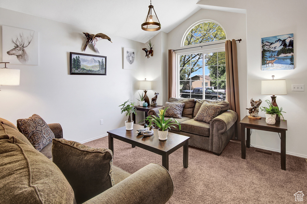 Living room with carpet and lofted ceiling