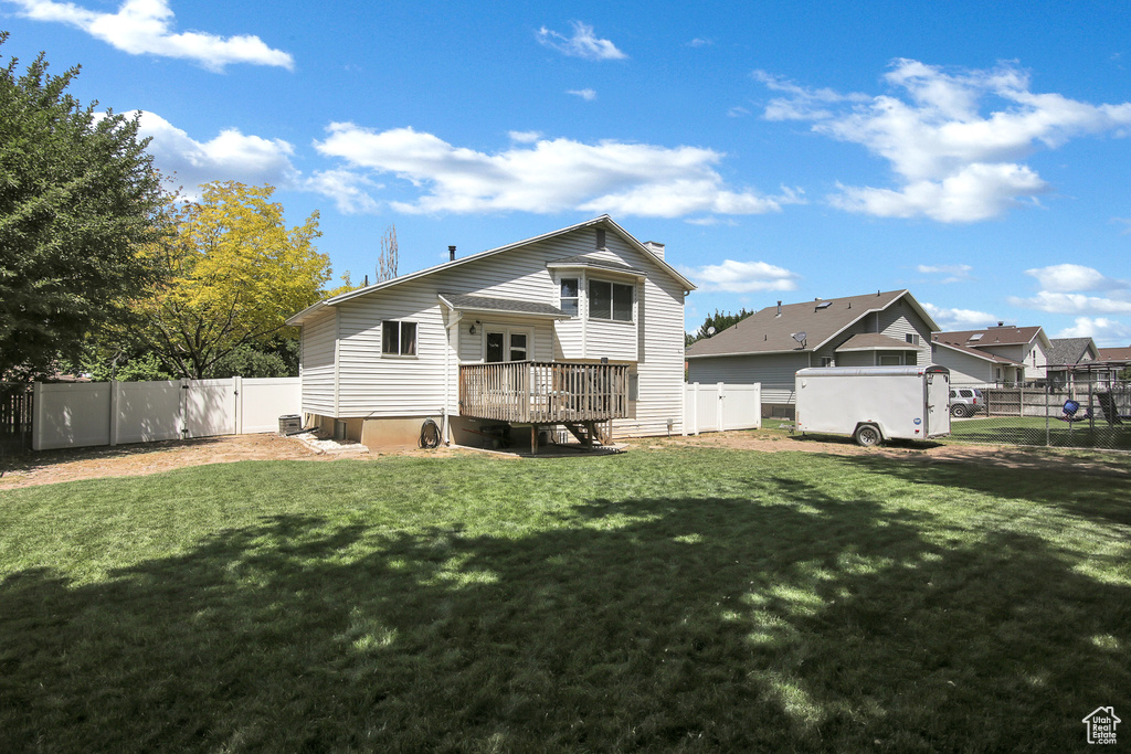 Back of property featuring a fenced backyard and a deck