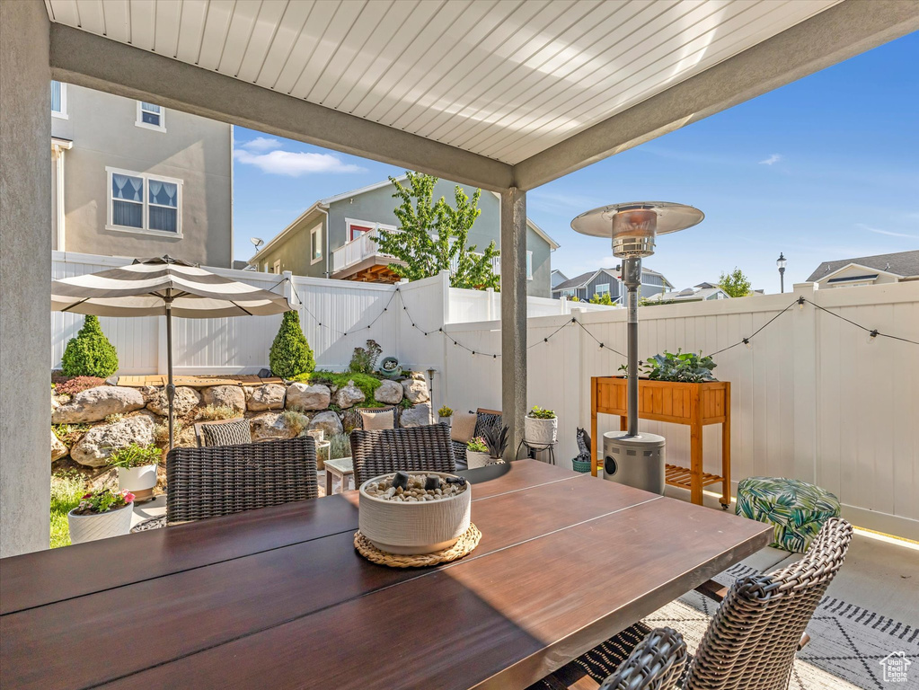Fenced backyard featuring a patio and outdoor dining area