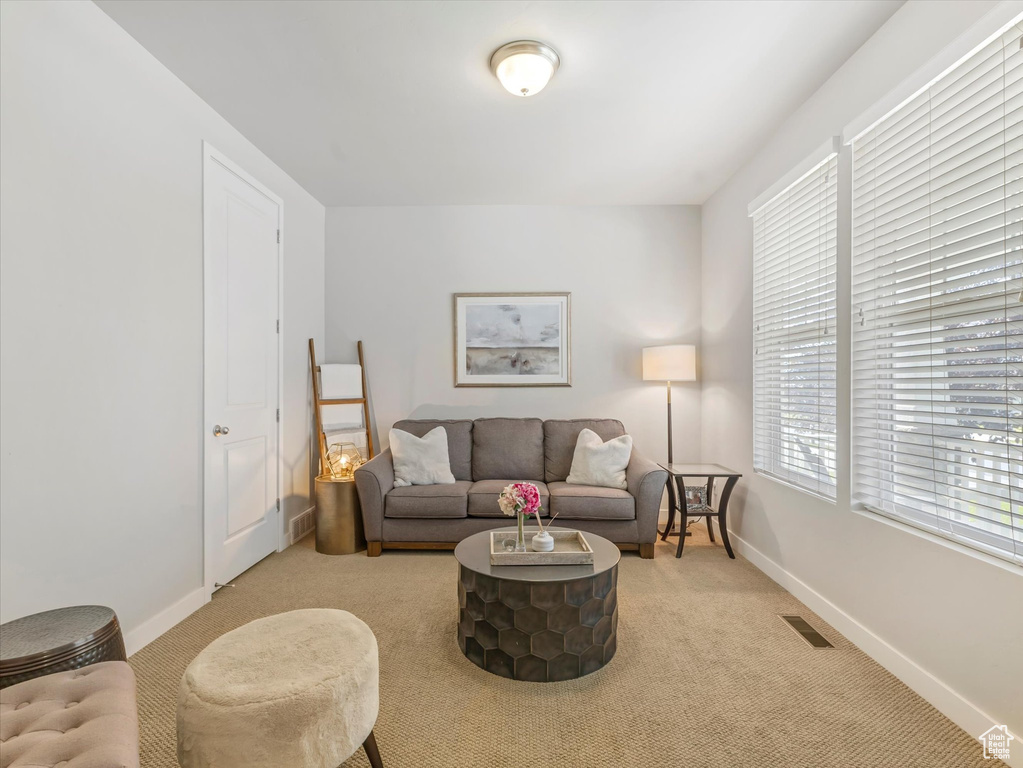 Living room with light colored carpet and baseboards