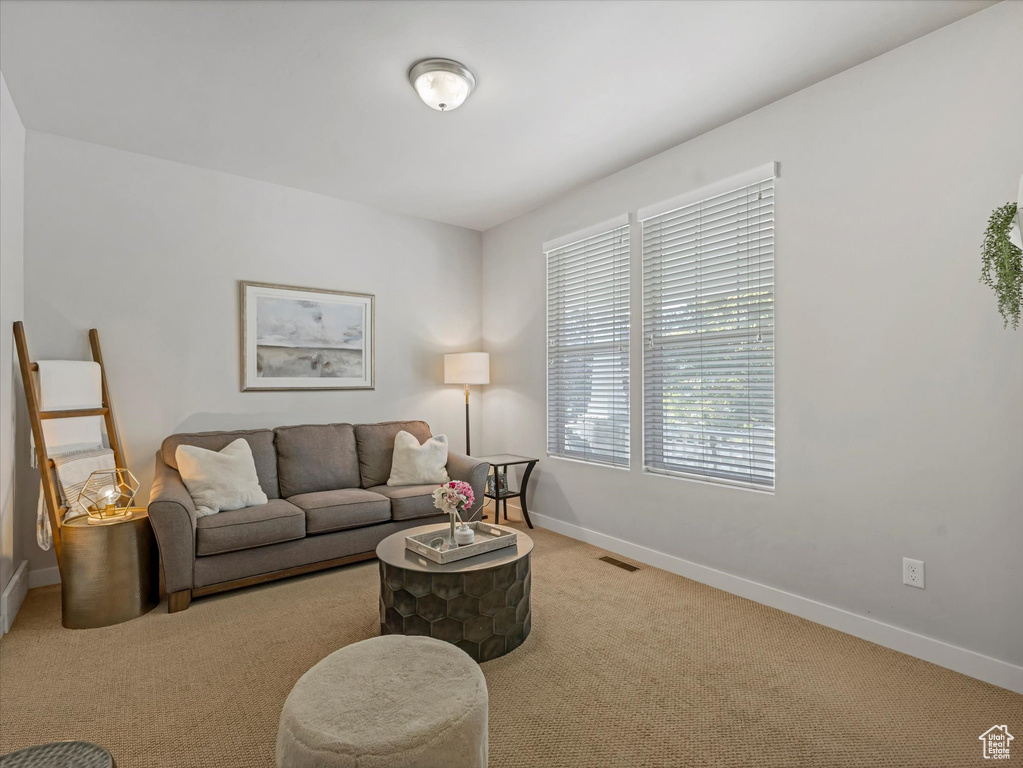 Living room with light carpet and baseboards