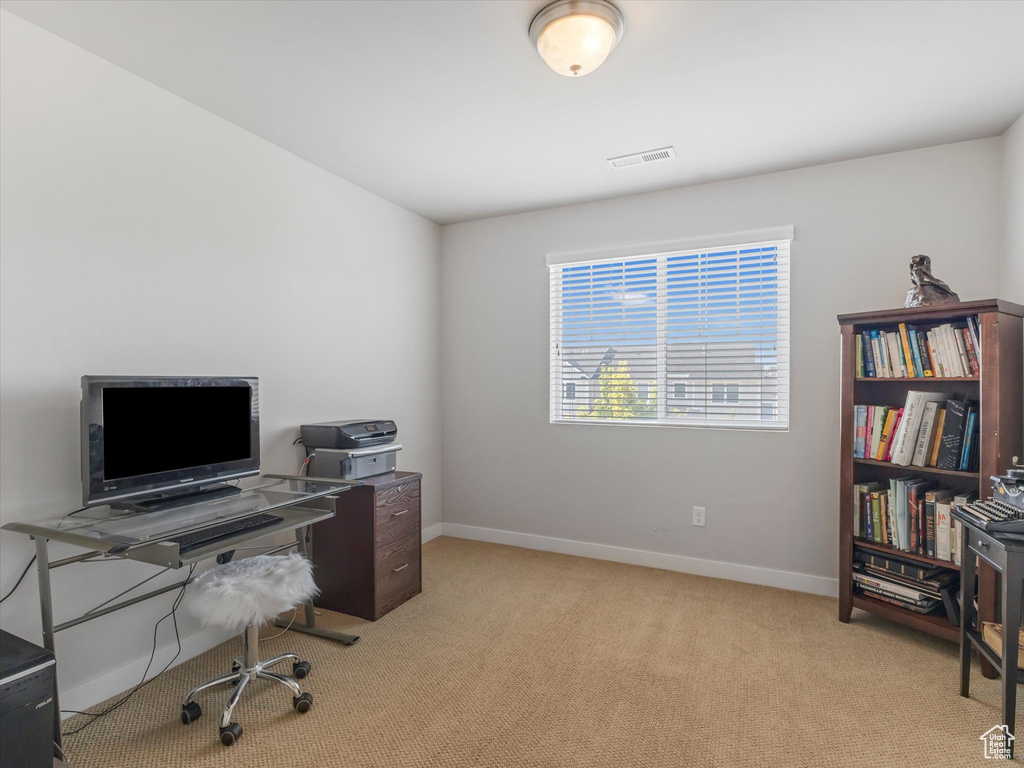 Office with light carpet and baseboards