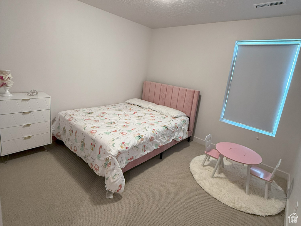 Bedroom featuring carpet and a textured ceiling